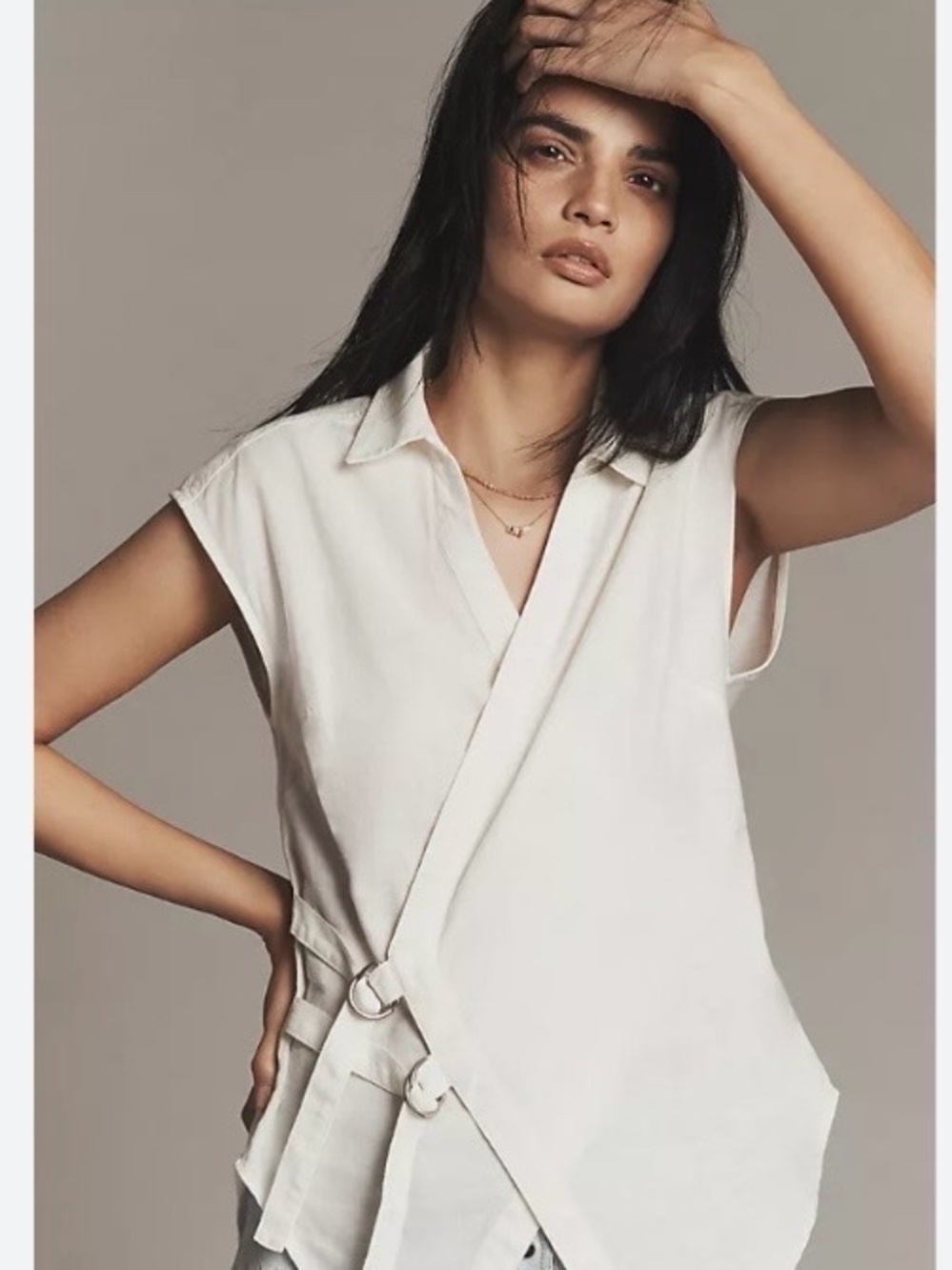 Anthropologie Pilcro Belted Wrap Linen Cotton Blouse Top XS Off White Chic $108